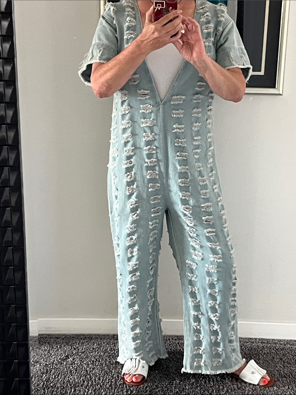 Light Blue Distressed Short-Sleeve Jumpsuit
